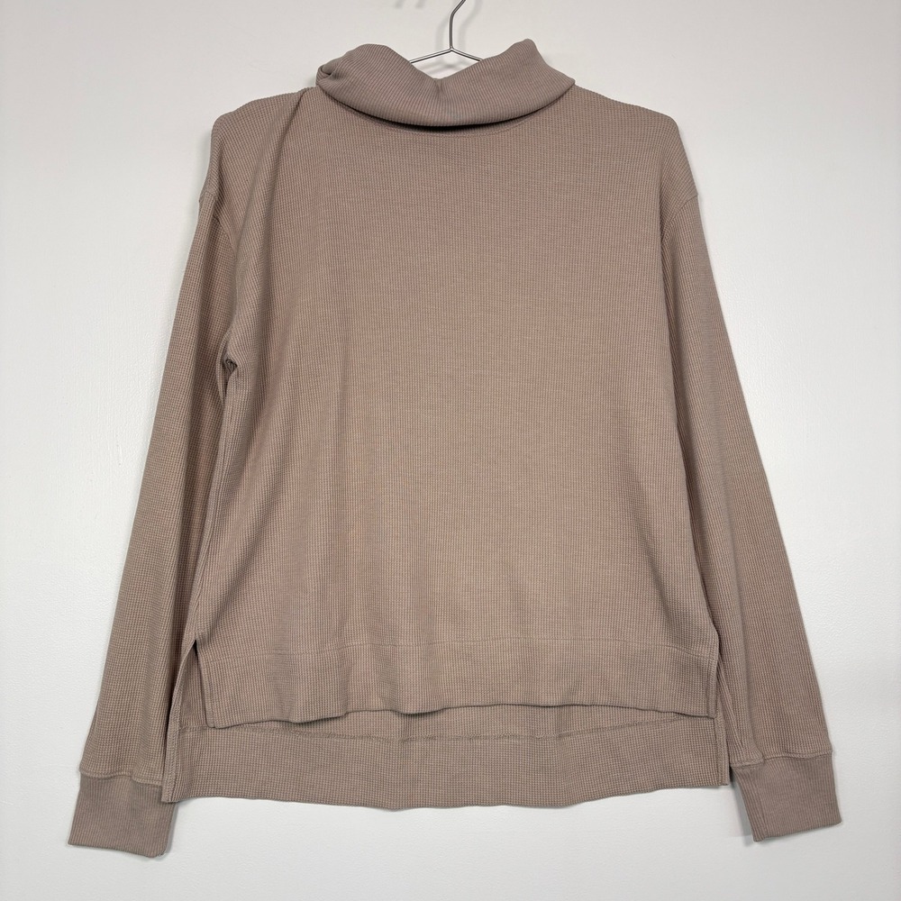 Peruvian Connection Women Top Size M Taupe Waffle Knit Turtleneck Side Slit
